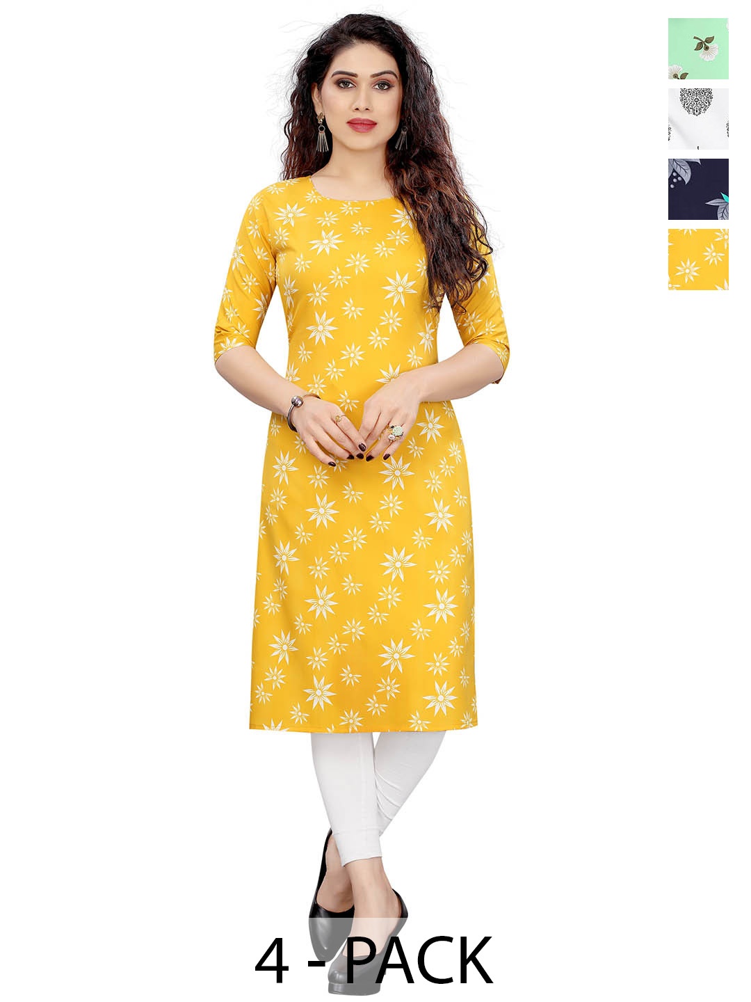 

KETAKI FASHION Selection Of 4 Floral Printed Round Neck Straight Kurtas, Blue