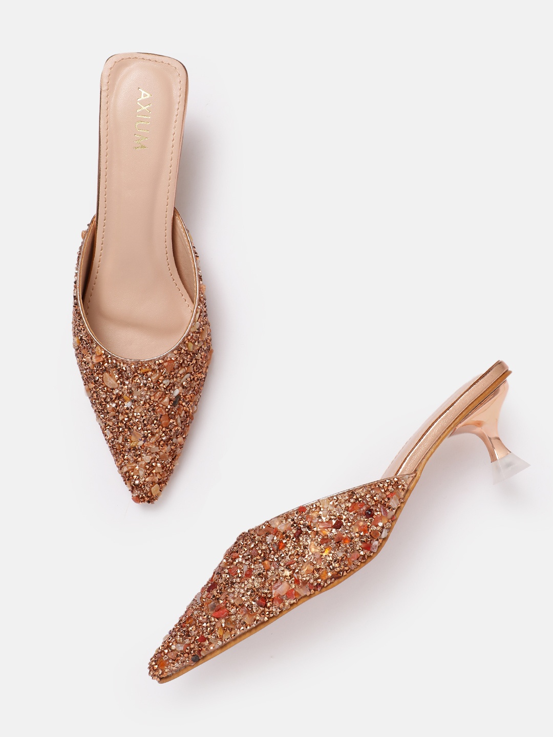 

AXIUM Embellished Ethnic Kitten Mules, Rose gold