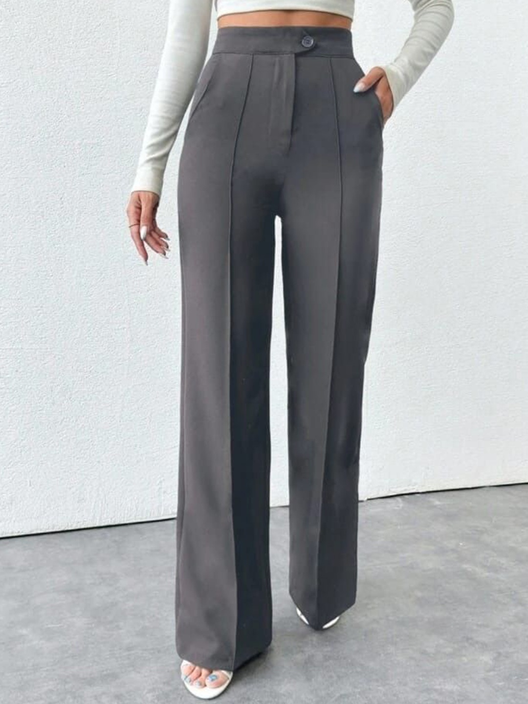 

Next One Women Smart Straight Fit High-Rise Easy Wash Pleated Trousers, Grey