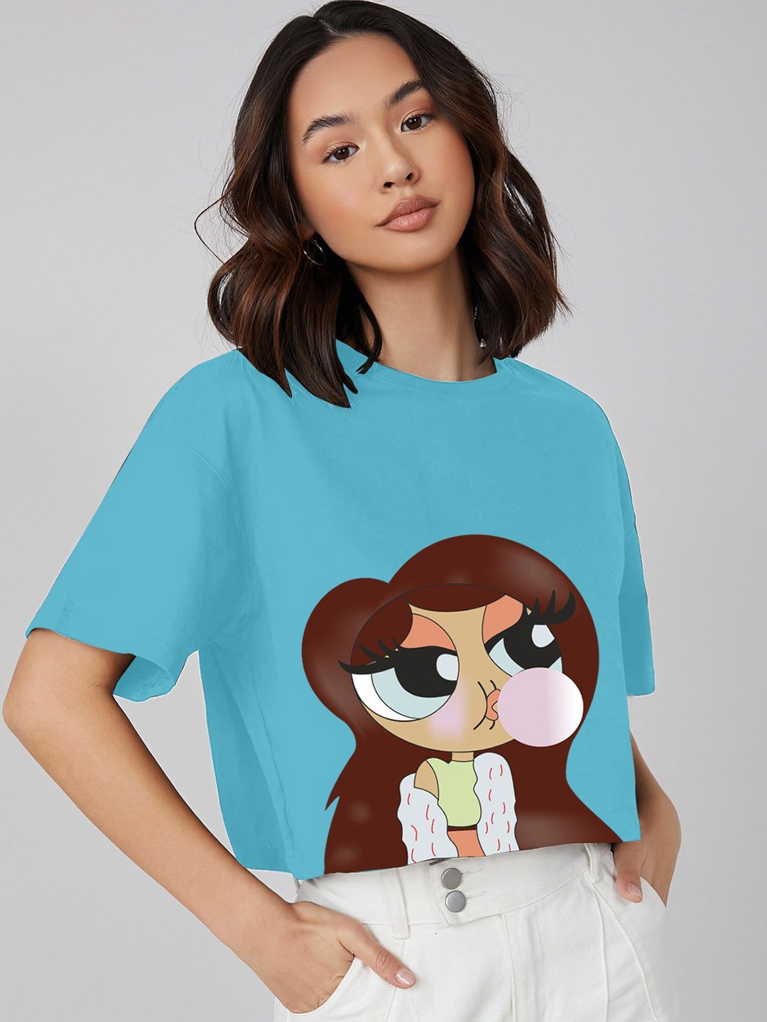 

CORSICA Print Extended Sleeves Crop Top, Turquoise blue