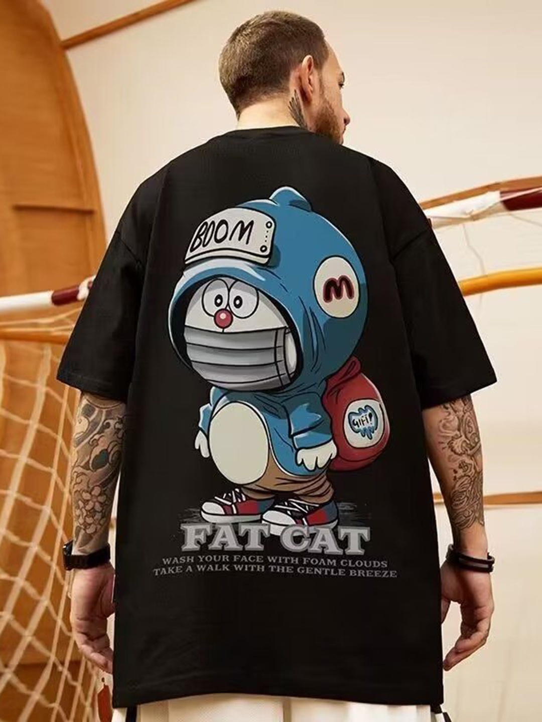 

HERE&NOW Men Doraemon Graphic Printed Round Neck Cotton Oversized T-shirt, Black