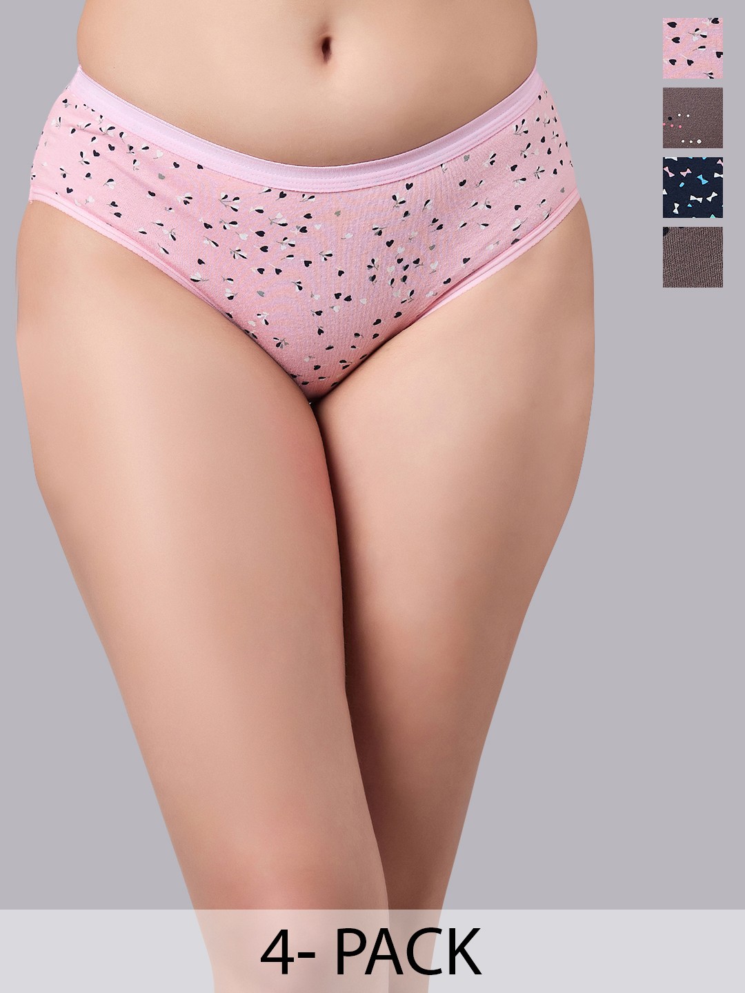 

SIMOH Women Pack Of 4 Printed Mid-Rise Hipster Briefs - H5103_Grey_Pink_Navy_Pink