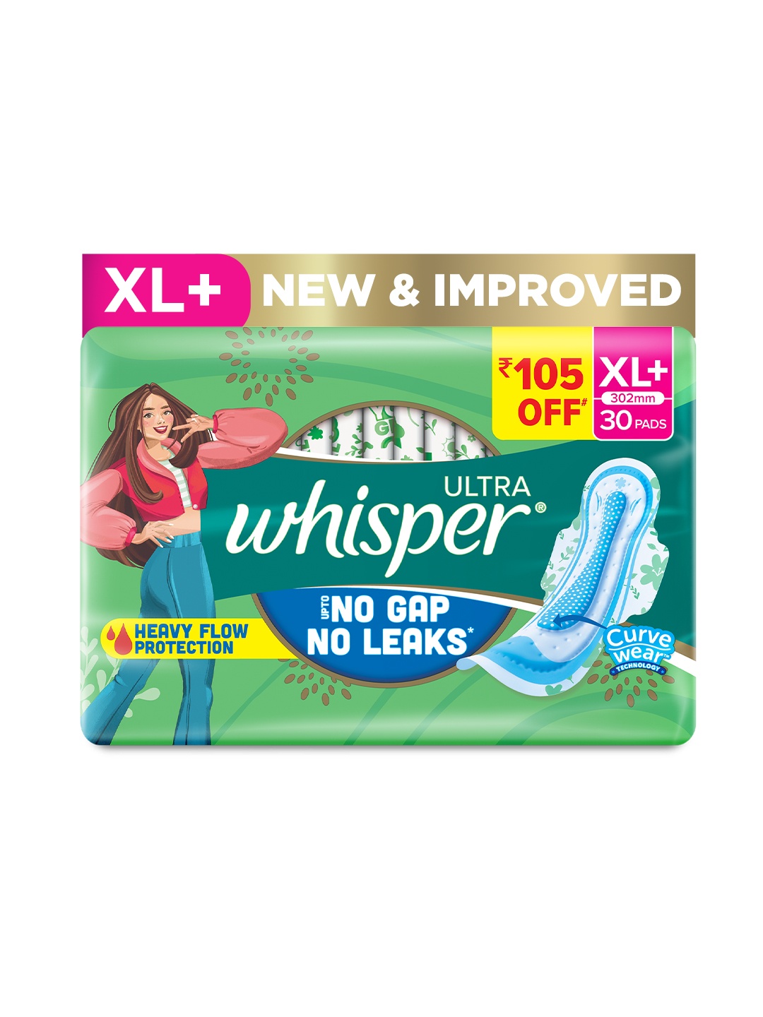 

Whisper Ultra Upto No Gap No Leaks Sanitary Pads for Heavy Flow Protection - 30 XL+ Pads, Green