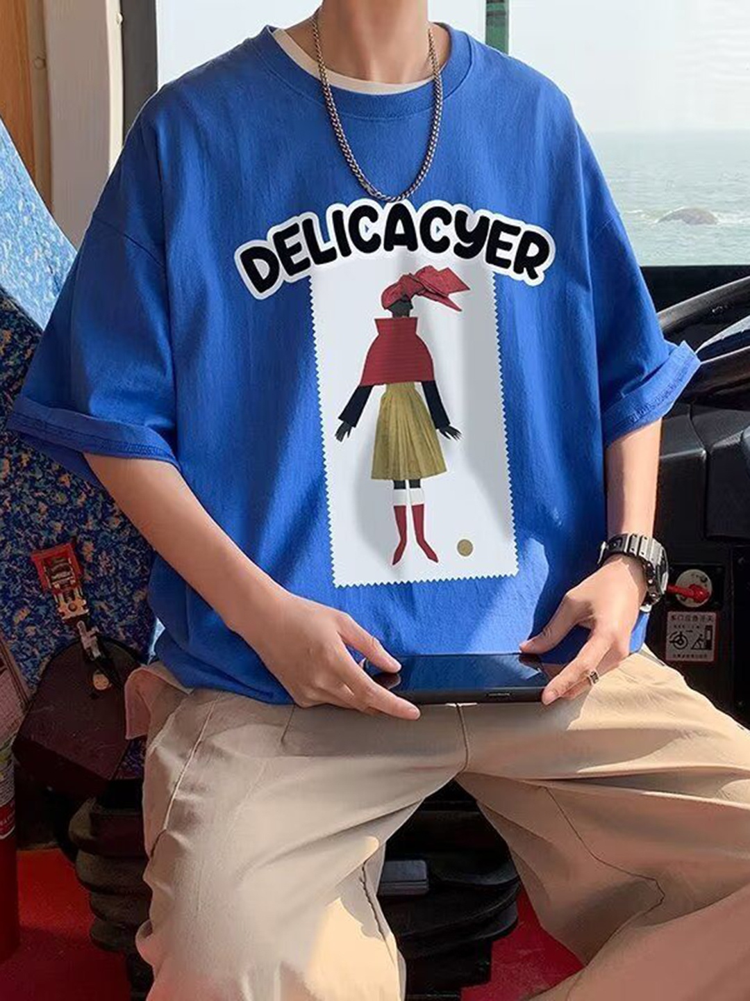 

HERE&NOW Men Graphic Printed Round Neck Cotton Oversized T-shirt, Blue