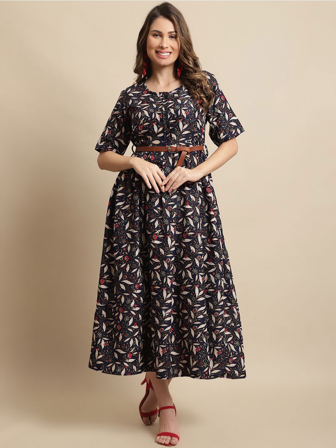 

Tromko Women Floral Printed Fit & Flare Midi Dress Comes with a belt, Navy blue