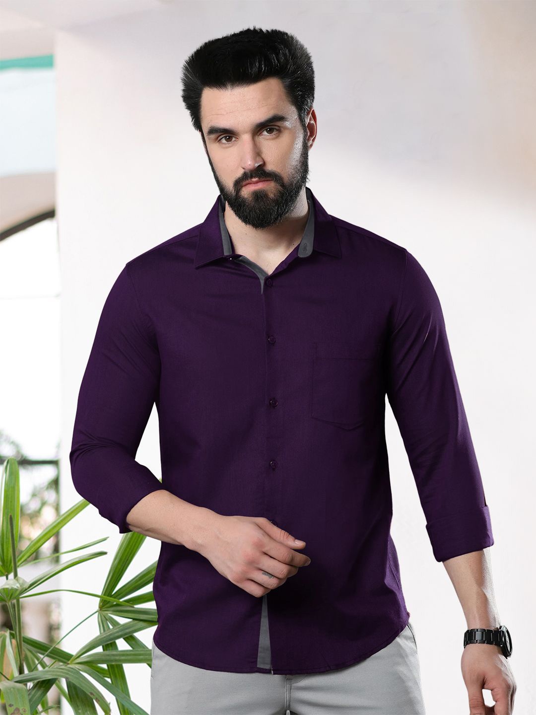 

Moda Rapido Men Standard Fit Spread Collar Solid Cotton Casual Shirt, Purple