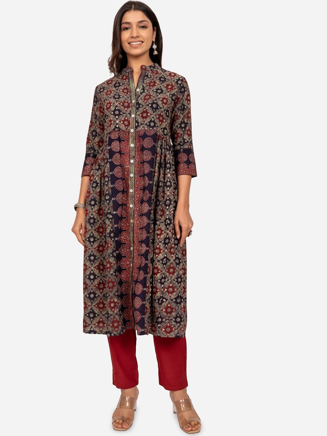 

INDIE JHOLA Abstract Printed Band Collar Anarkal Kurta, Maroon