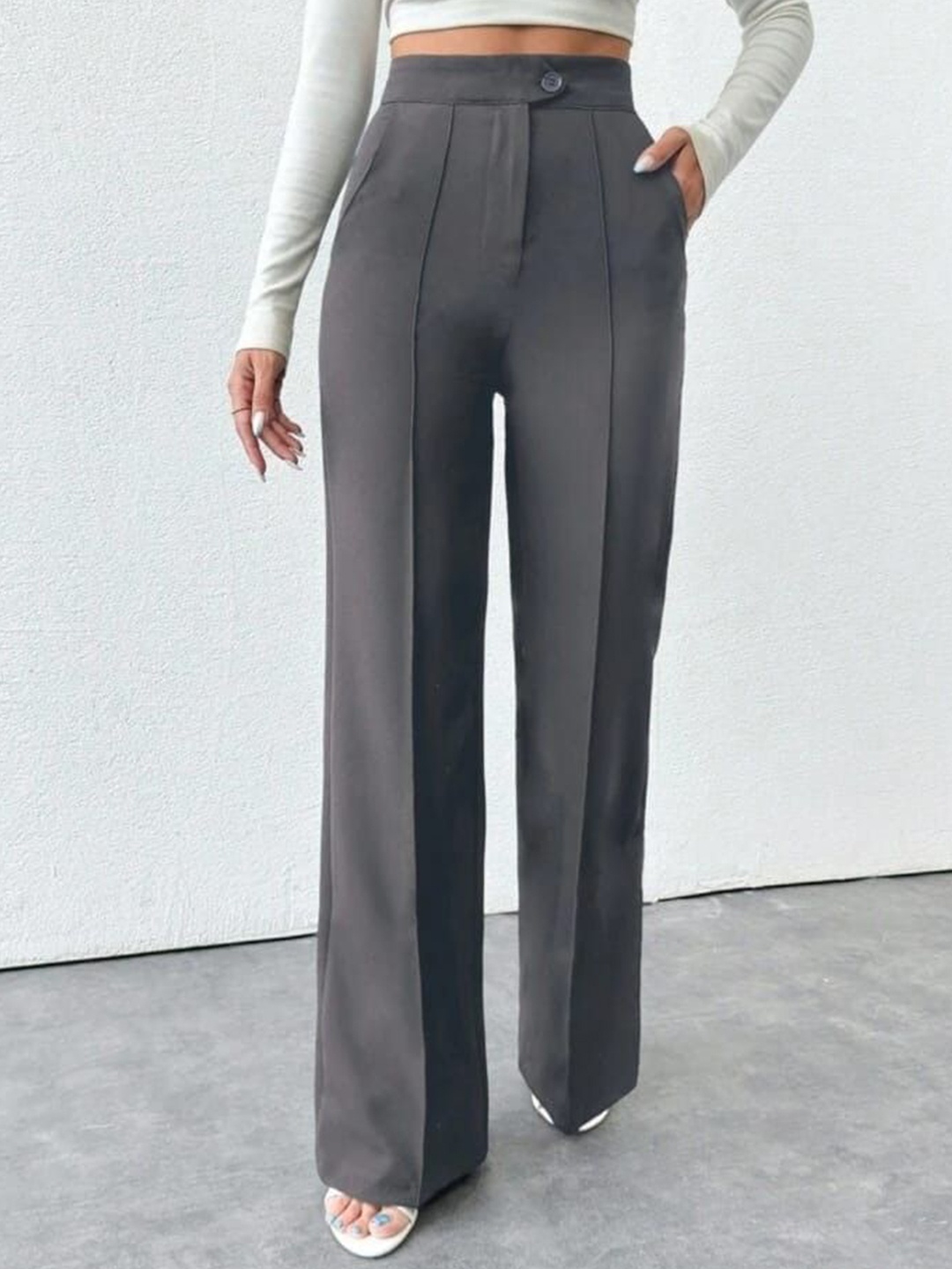 

Next One Women Smart Straight Fit High-Rise Easy Wash Pleated Trousers, Grey