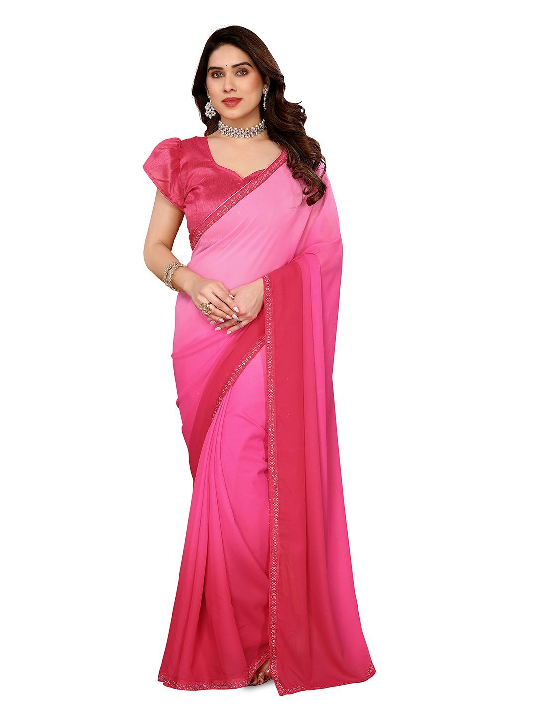 

Moda Rapido Ombre Beads and Stones Poly Georgette Saree, Pink