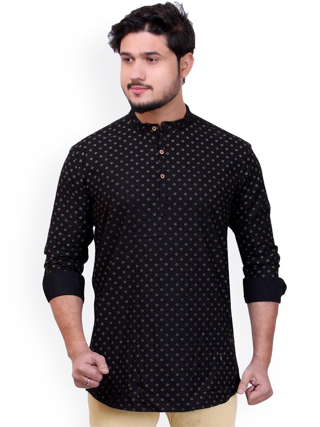 

MADE IN THE SHADE Geometric Printed Band Collar Pure Cotton Straight Kurta, Black