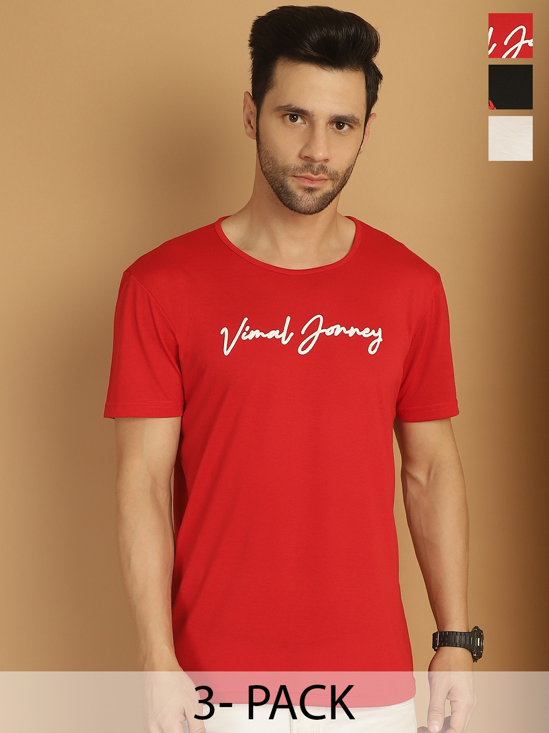 

VIMAL JONNEY Men Pack Of 3 Typography Printed Round Neck Cotton T-shirts, Black