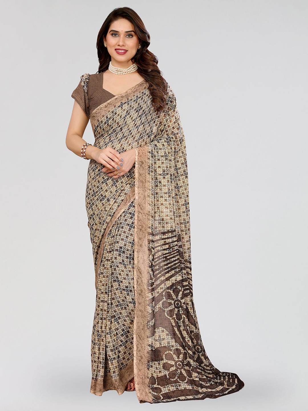 

Moda Rapido Poly Georgette Saree, Brown