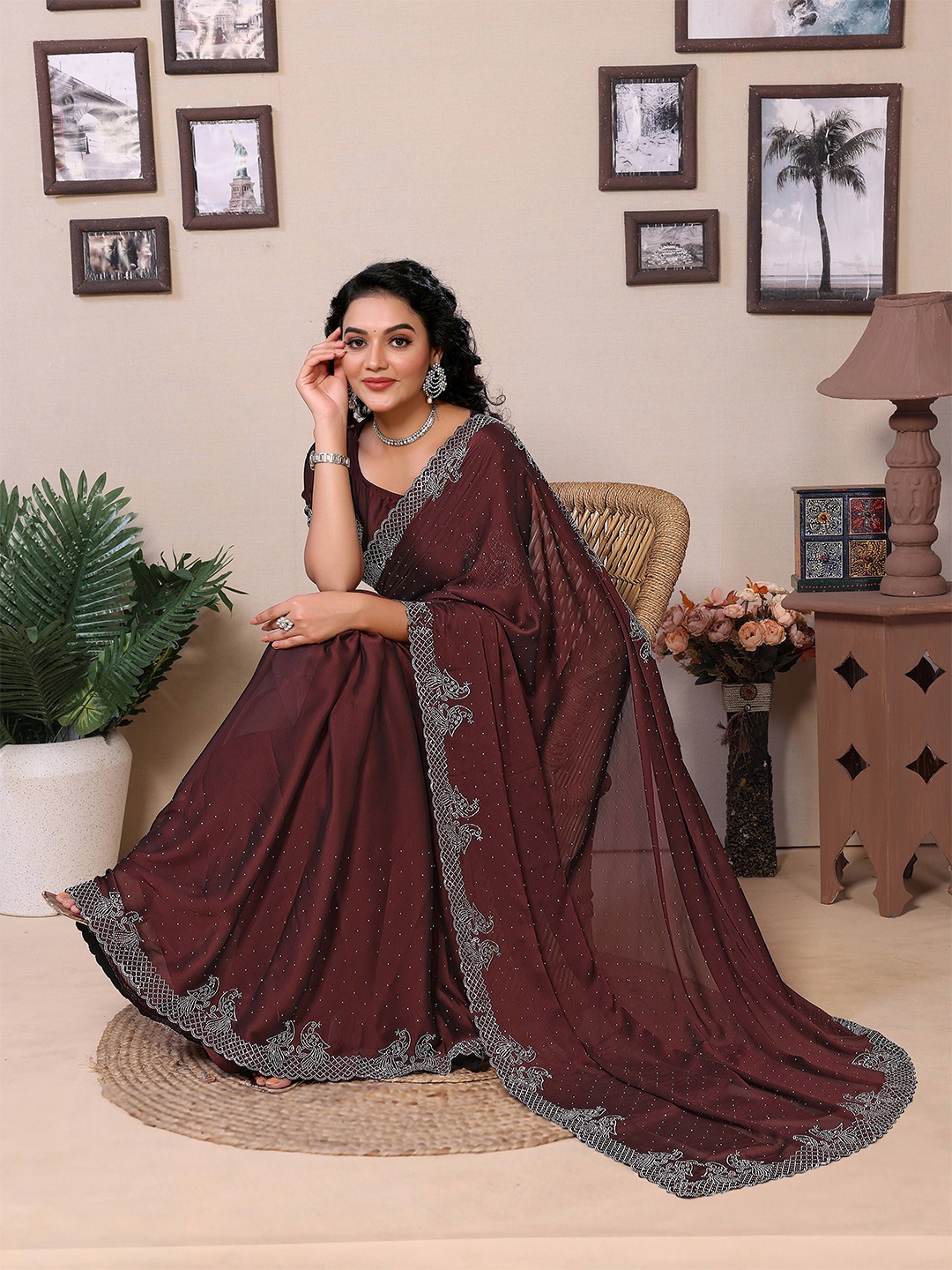 

Moda Rapido Embellished Mukaish Saree, Brown