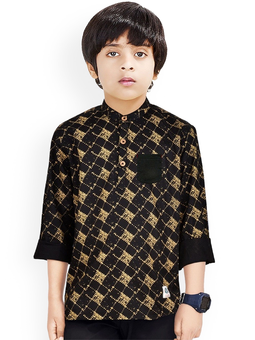 

MADE IN THE SHADE Boys Geometric Printed Band Collar Cotton Straight Kurta, Black