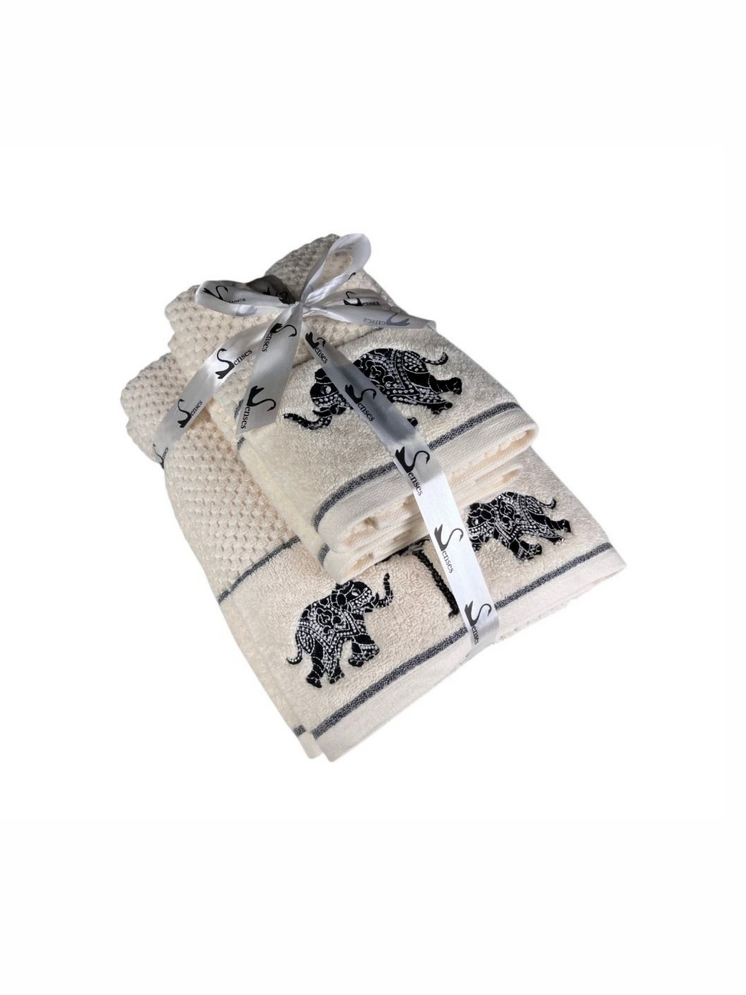 

SENSES Ivory Cream & Navy Blue 4 Piece Self Design Cotton 550 GSM Towel Set
