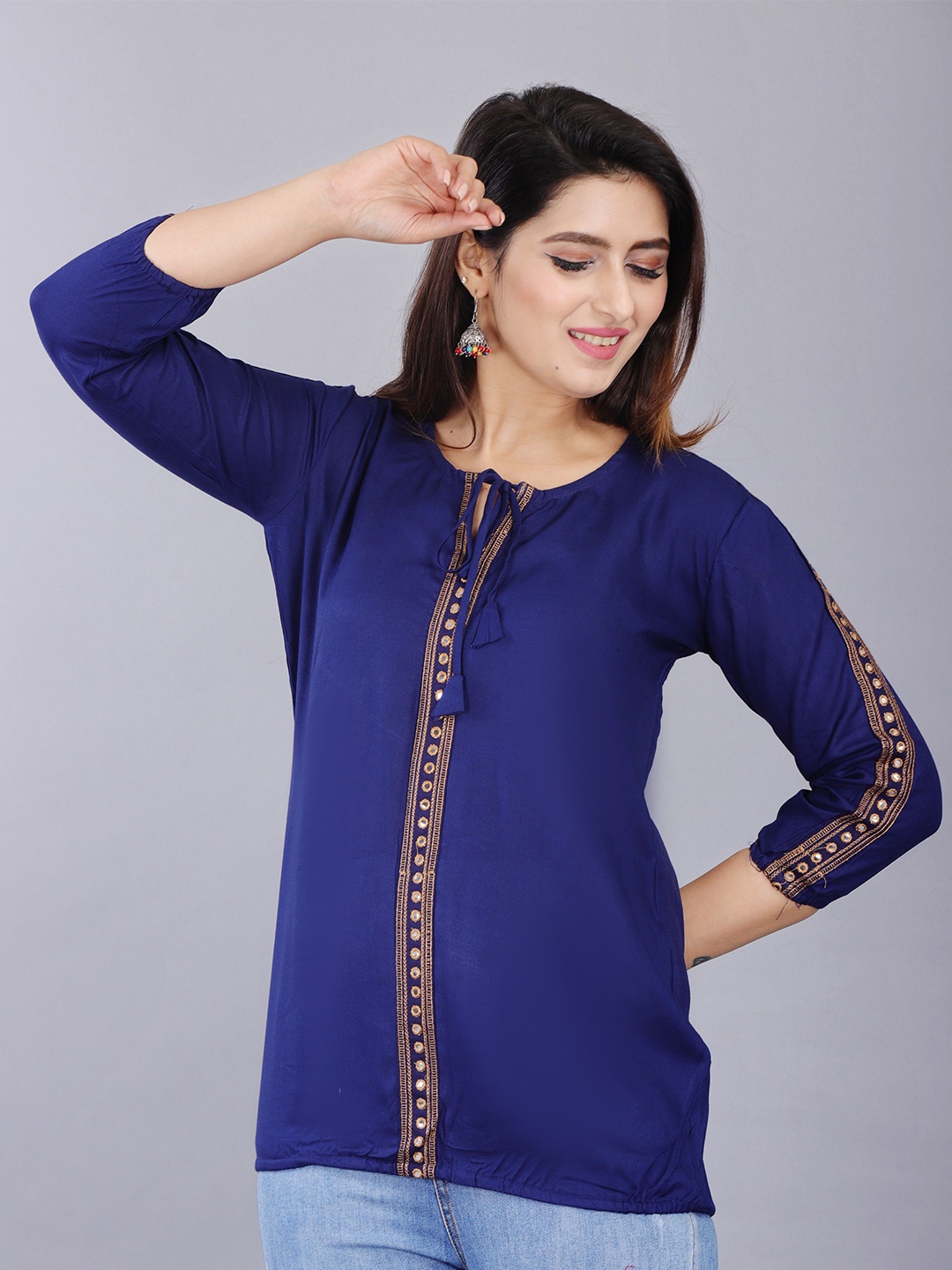 

Brijam Tie-Up Neck Top, Blue