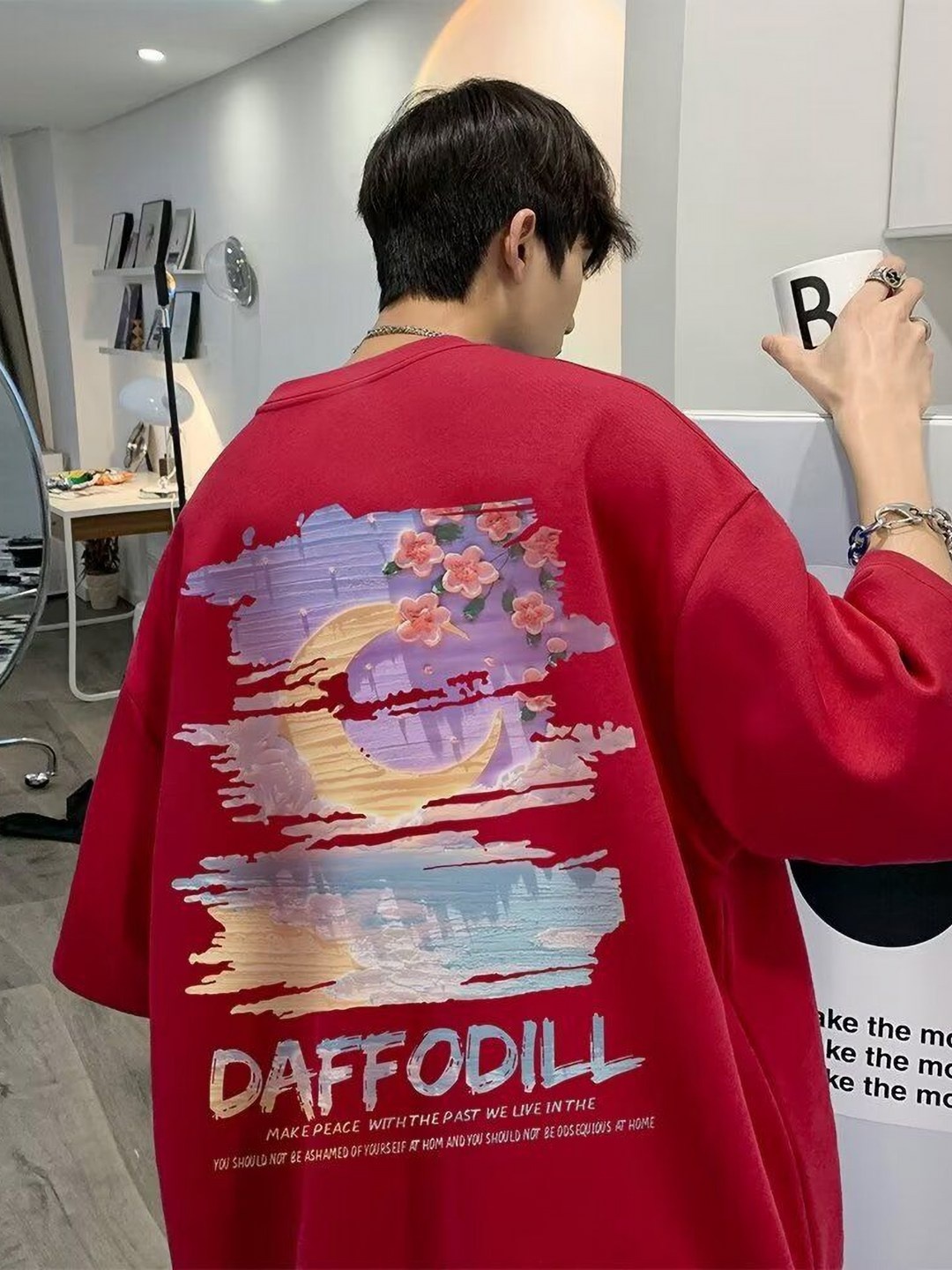 

HERE&NOW Men Graphic Printed Round Neck Cotton Oversized T-shirt, Red