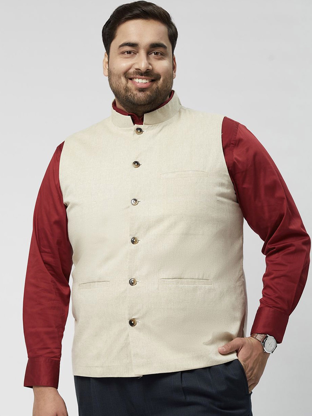 

Big Hello - The Plus Life Mandarin Collar Cotton Linen Bandhgala Waistcoat, Beige