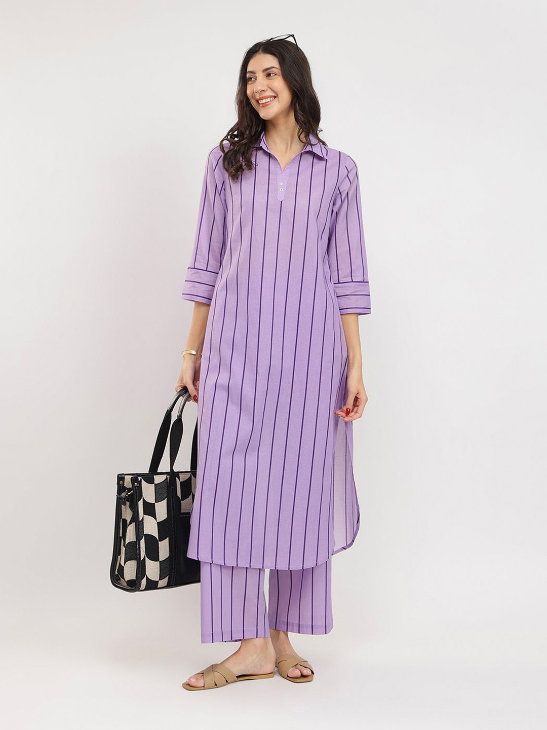 

Pink Fort Striped Pure Cotton Kurta with Trouser, Purple