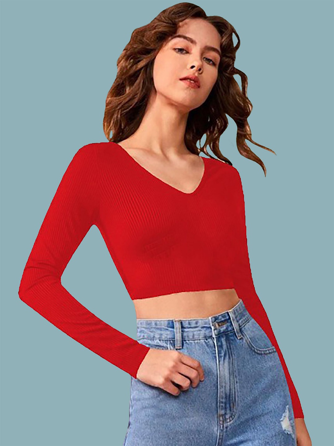 

Dream Beauty Fashion Women Ribbed V Neck Long Sleeves Crop Fitted Top, Red