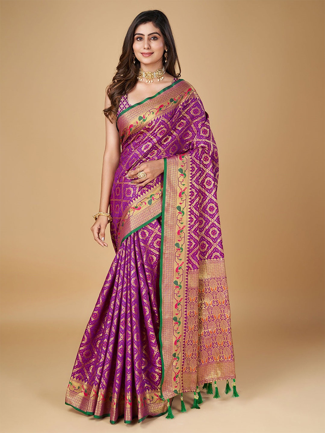 

DIVASTRI Woven Design Zari Silk Blend Patola Saree, Purple