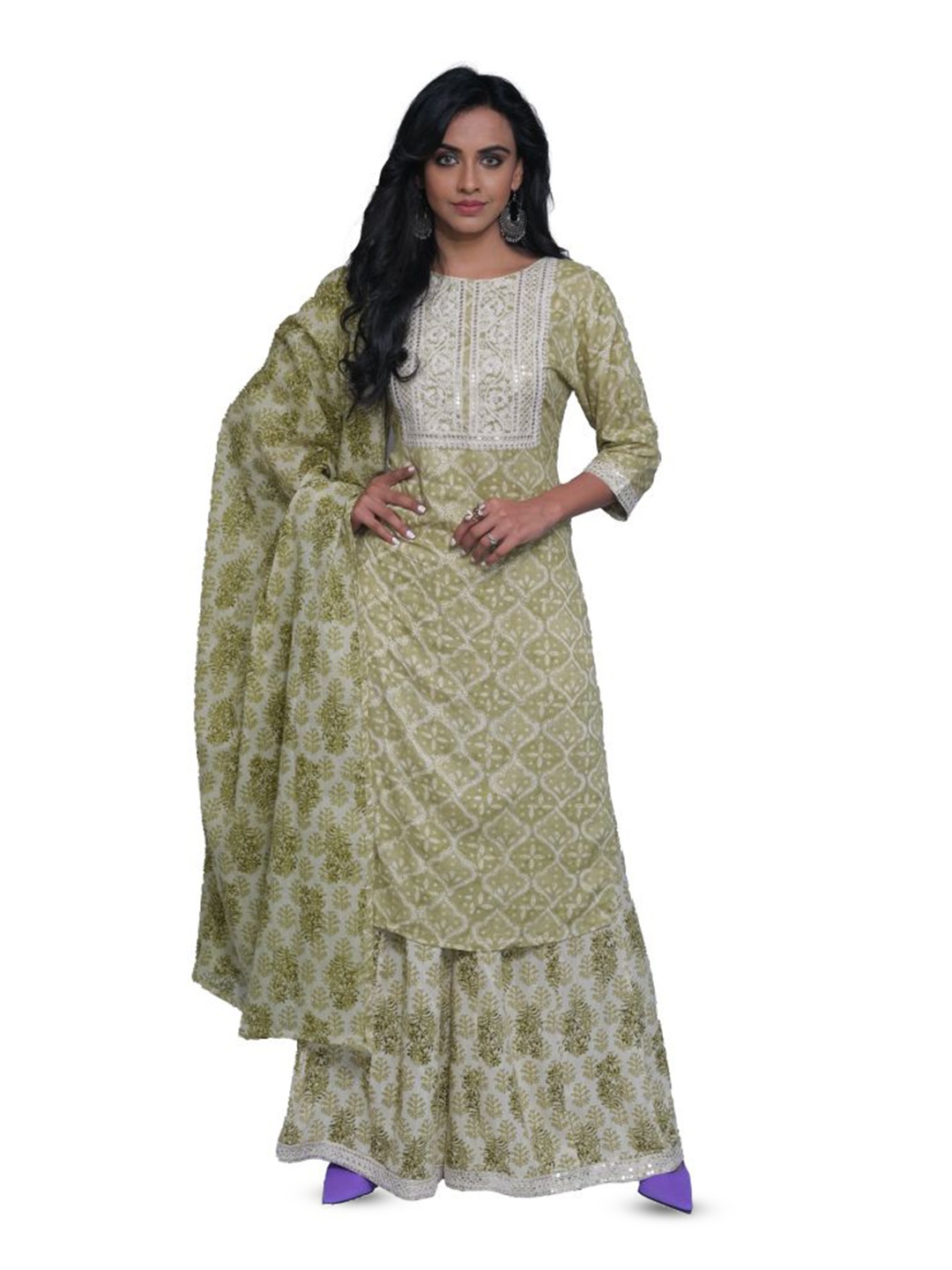 

URBAN KANYA Floral Printed Thread Work Pure Cotton Straight Kurta With Sharara & Dupatta, Green
