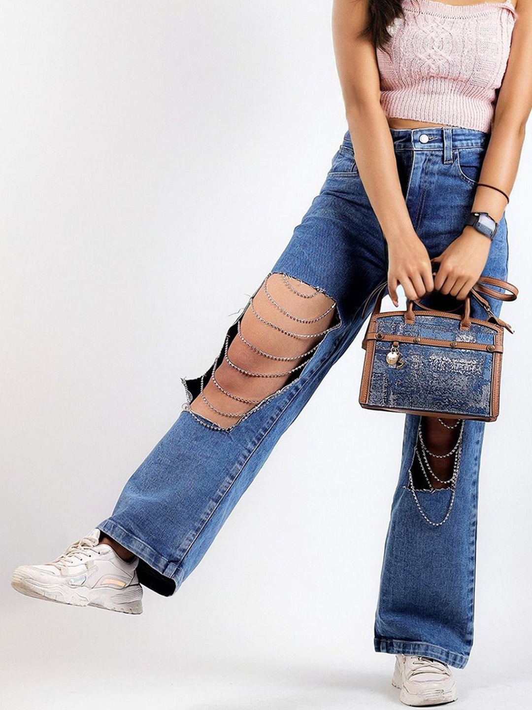 

Wear Your Words Women Cut Out Rhinestone Embellished Wide Leg Jeans, Blue