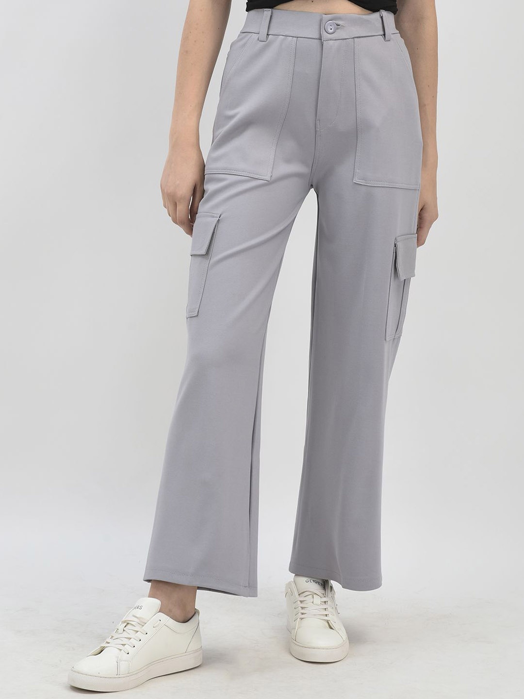 

FNOCKS Women Relaxed Straight Leg Flared High-Rise Cargos Trousers, Grey
