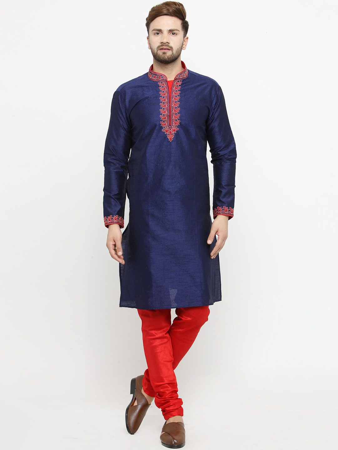 

Larwa Embroidered Woven Design Mandarin Collar Kurta With Pyjamas, Blue