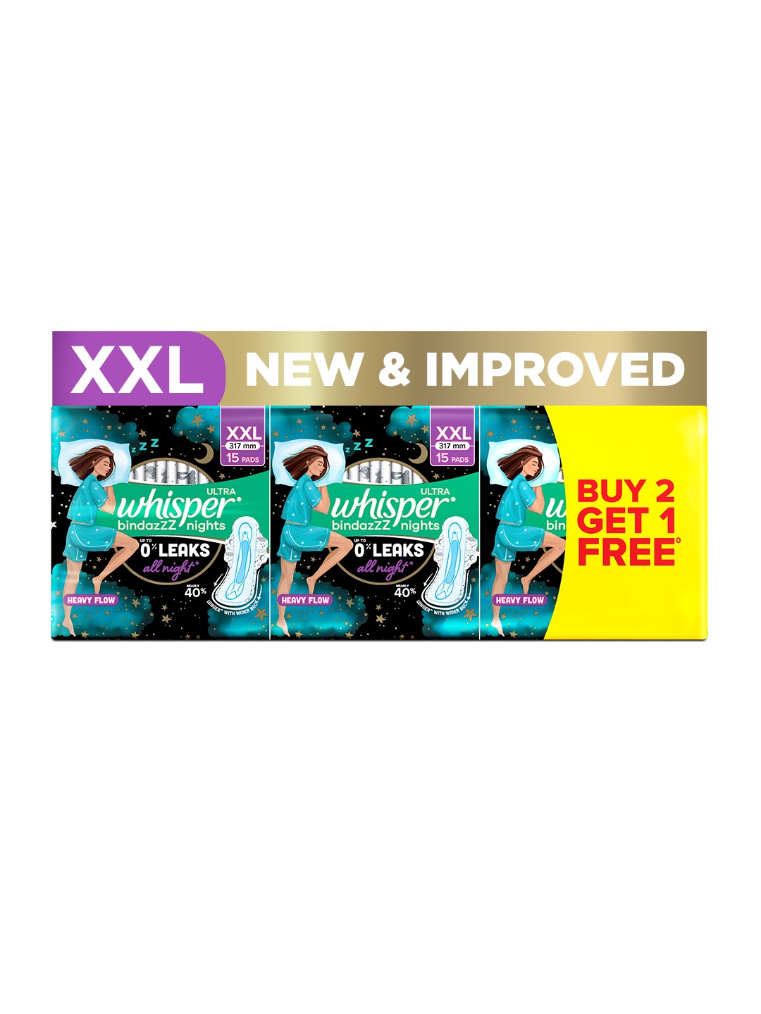 

Whisper Set of 3 Ultra Bindazzz Nights XXL Sanitary Pads - 15 Pads each, Black