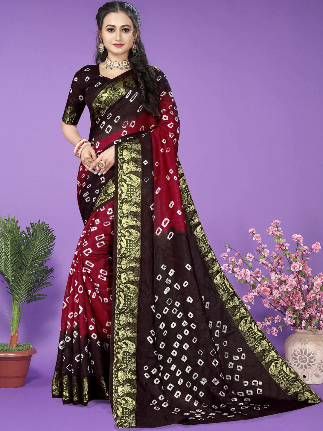 

Bandhanivilla Zari Bandhani Saree, Red