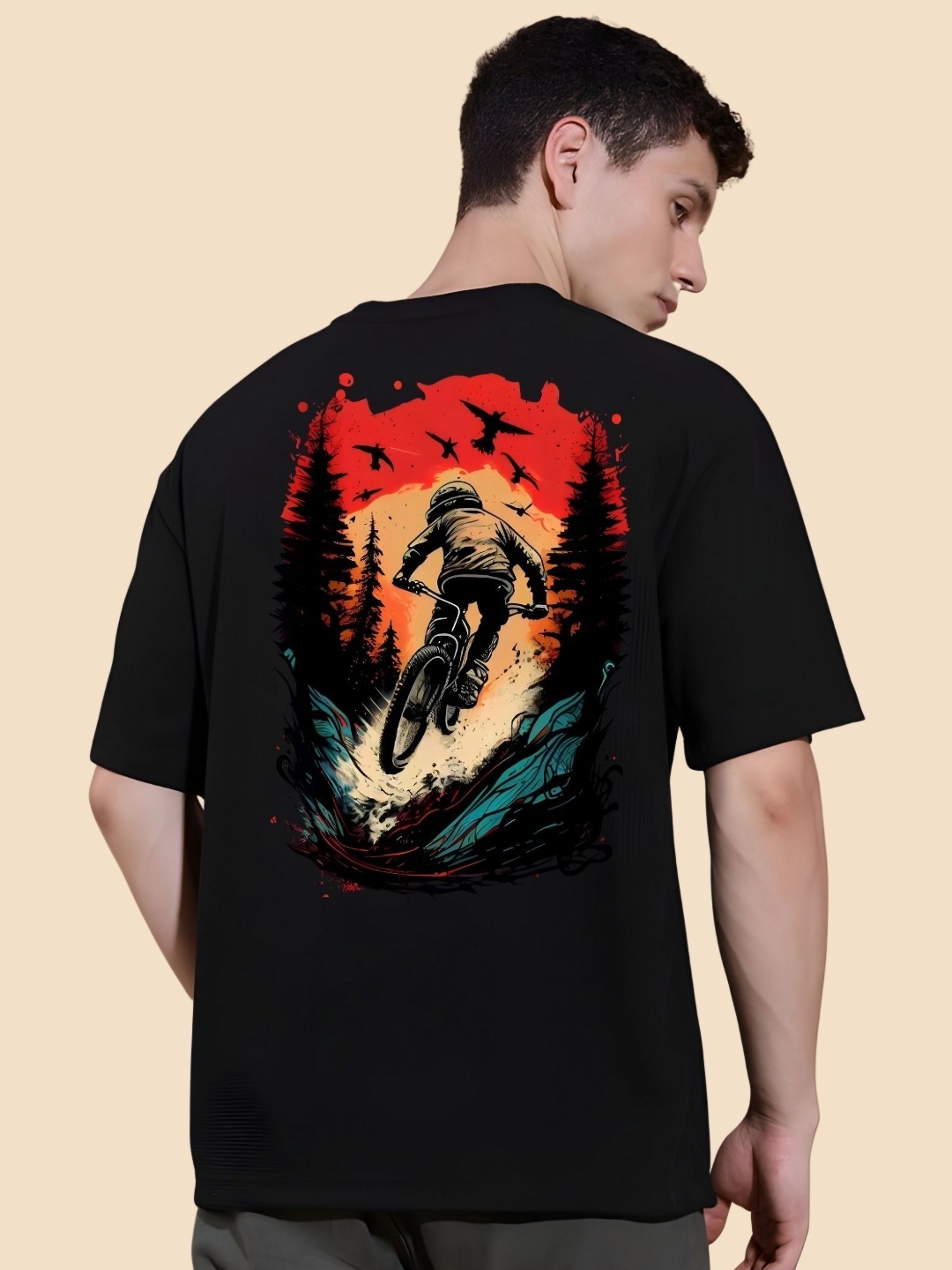 

SZN Men Graphic Printed Round Neck Cotton Oversized T-shirt, Black