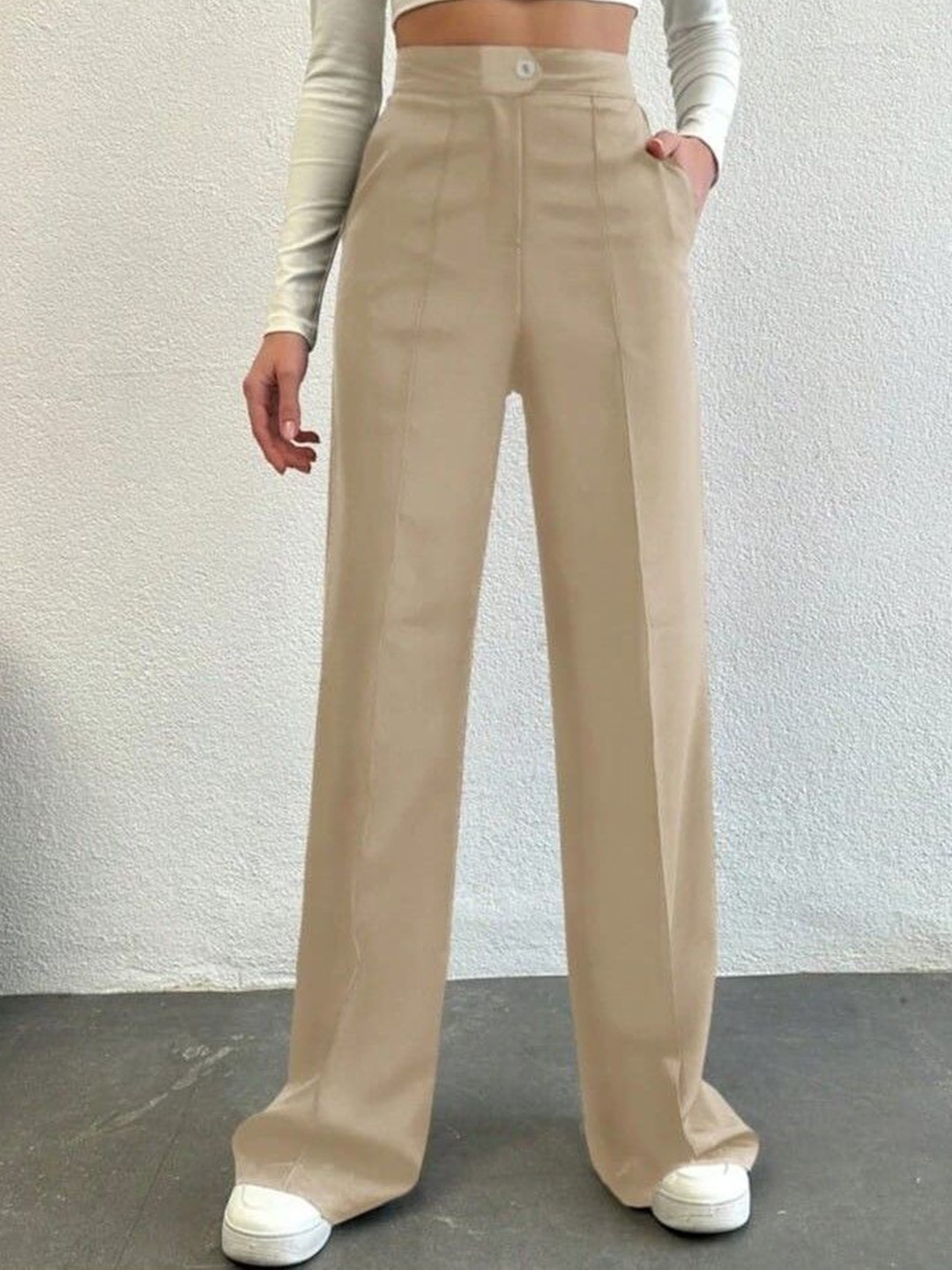

Next One Women Smart Straight Fit High-Rise Easy Wash Pleated Trousers, Beige