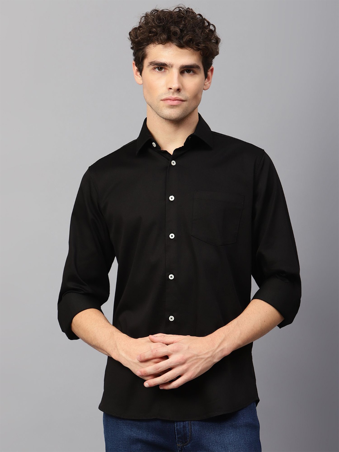 

AMSWAN Men Spread Collar Solid Cotton Casual Shirt, Black
