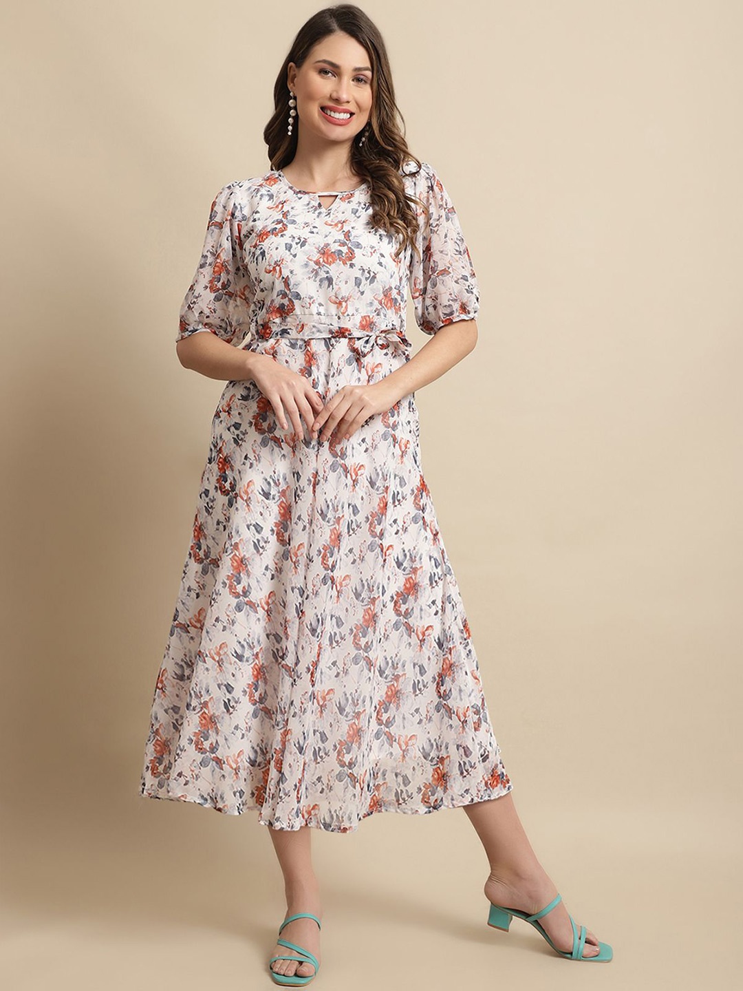 

Metronaut Floral Print Puff Sleeve Keyhole Neck Georgette Fit & Flare Midi Dress, White