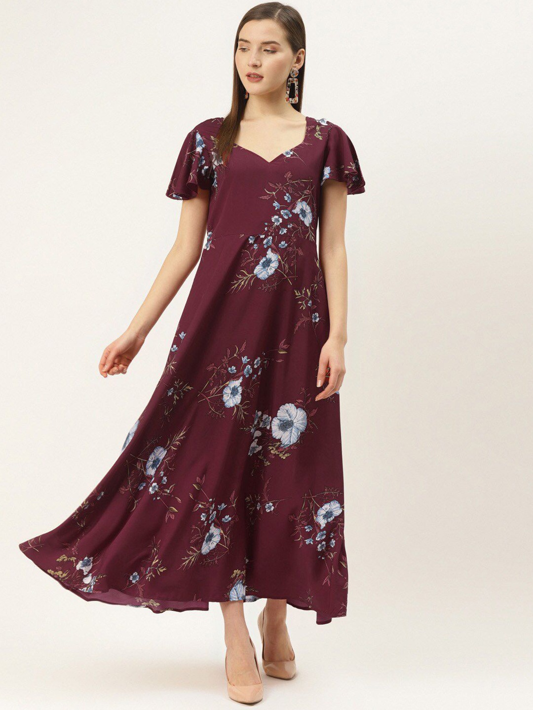 

DressBerry Women Floral Printed Flared Sleeve A-Line Maxi Dress, Maroon