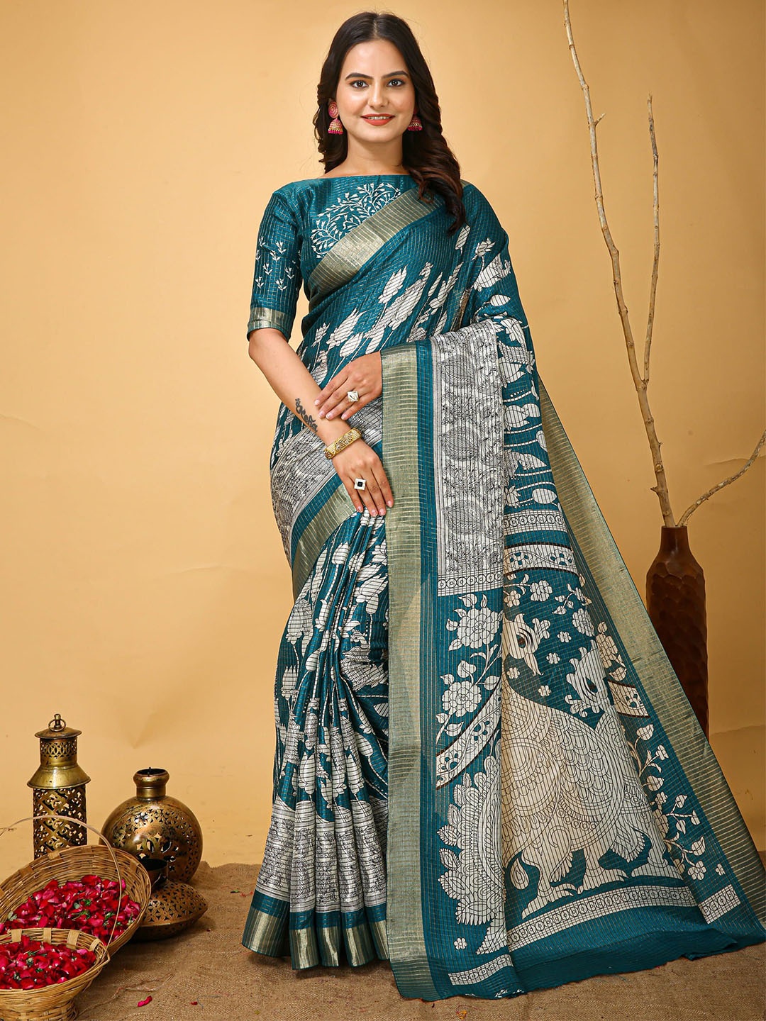 

KALINI Floral Zari Art Silk Banarasi Saree, Blue