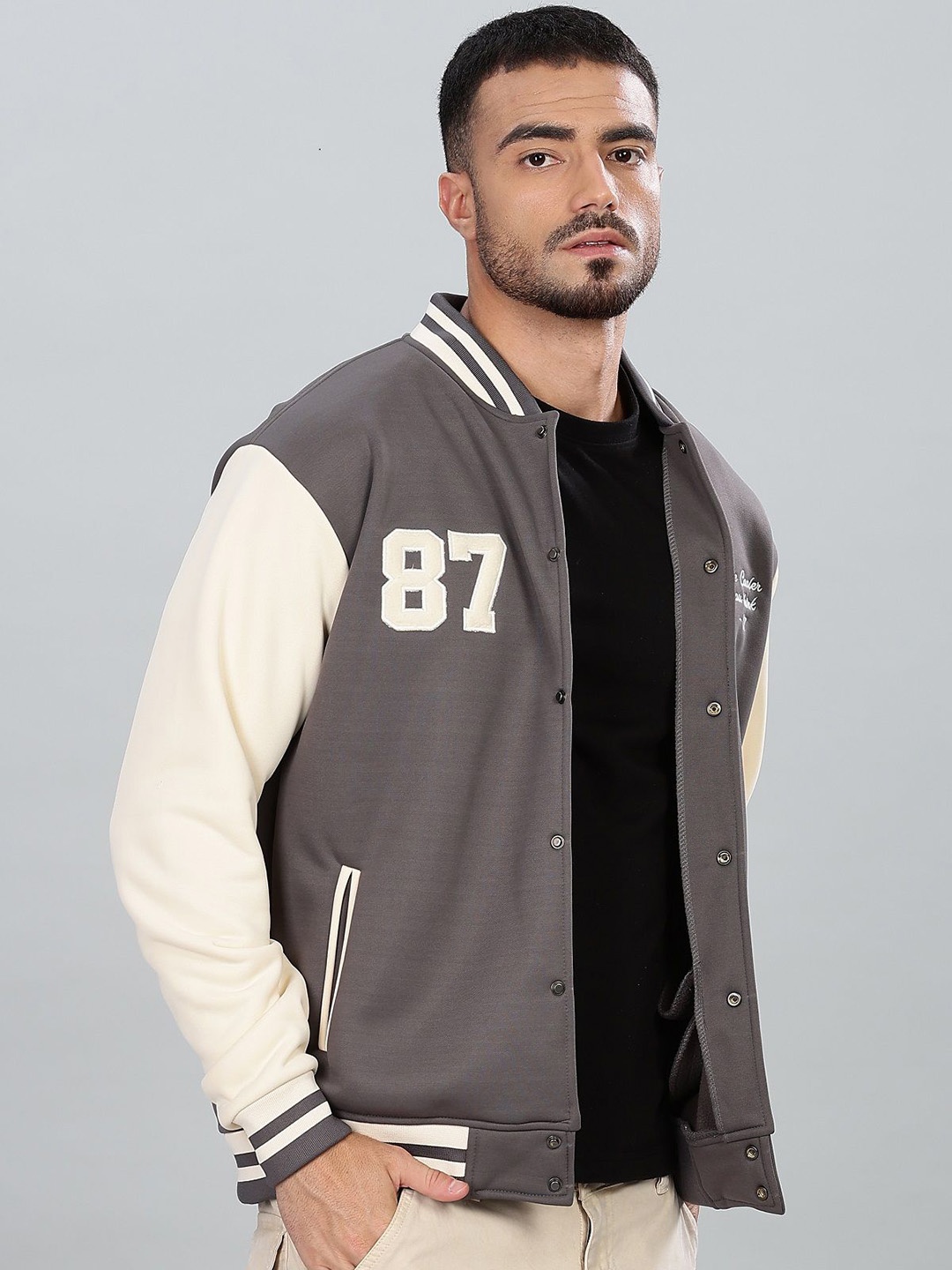 

COLOR HUNT Men Typography Varsity Jacket with Embroidered, Brown