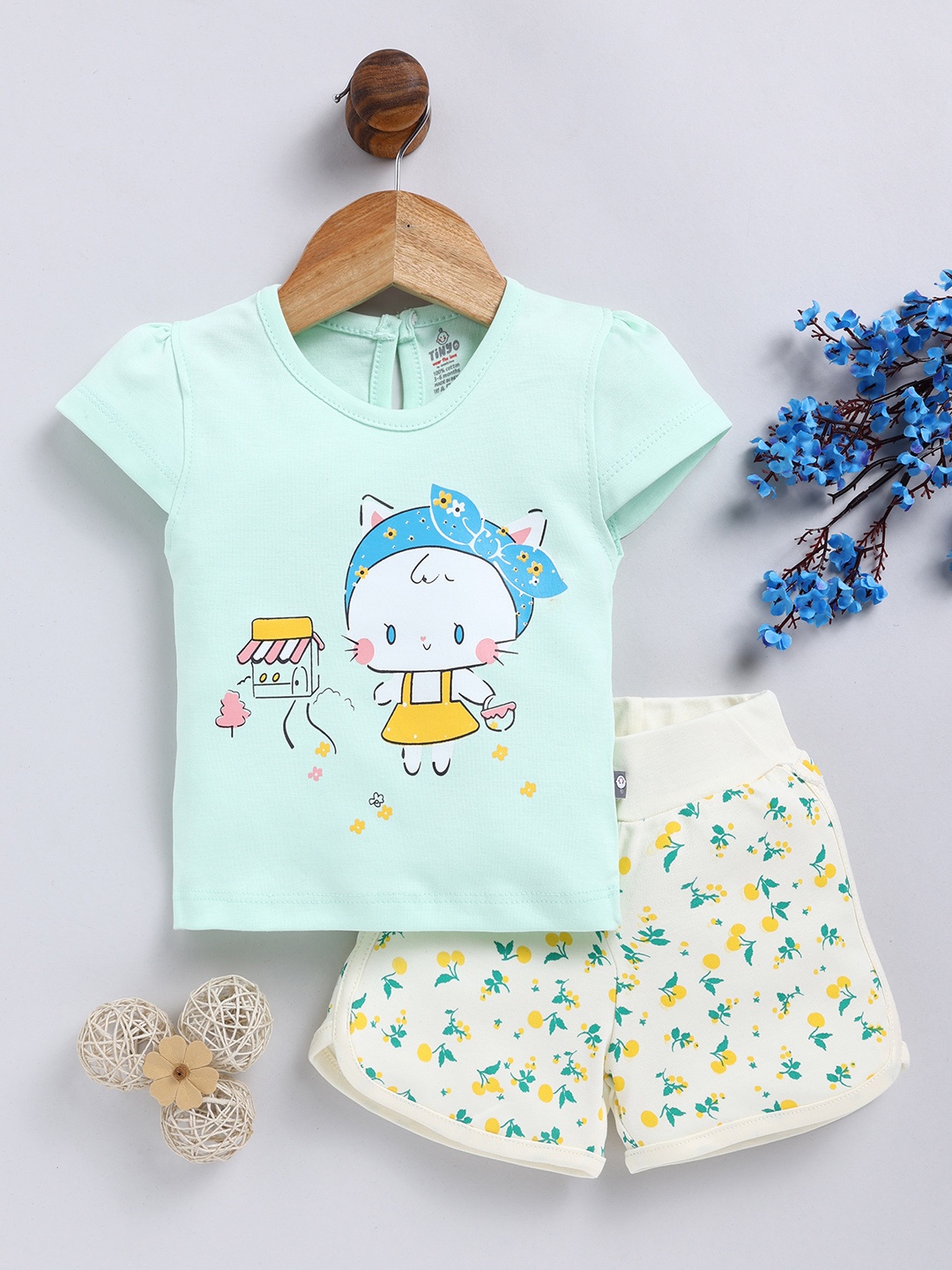 

YK X Tinyo Infant Girls Pure Cotton Graphic Printed Top with Shorts, Sea green