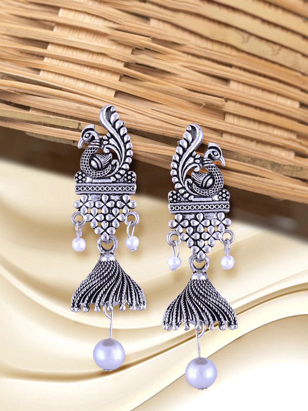 

Anouk Rhodium-Plated Dome Shaped Oxidised Jhumkas, Silver