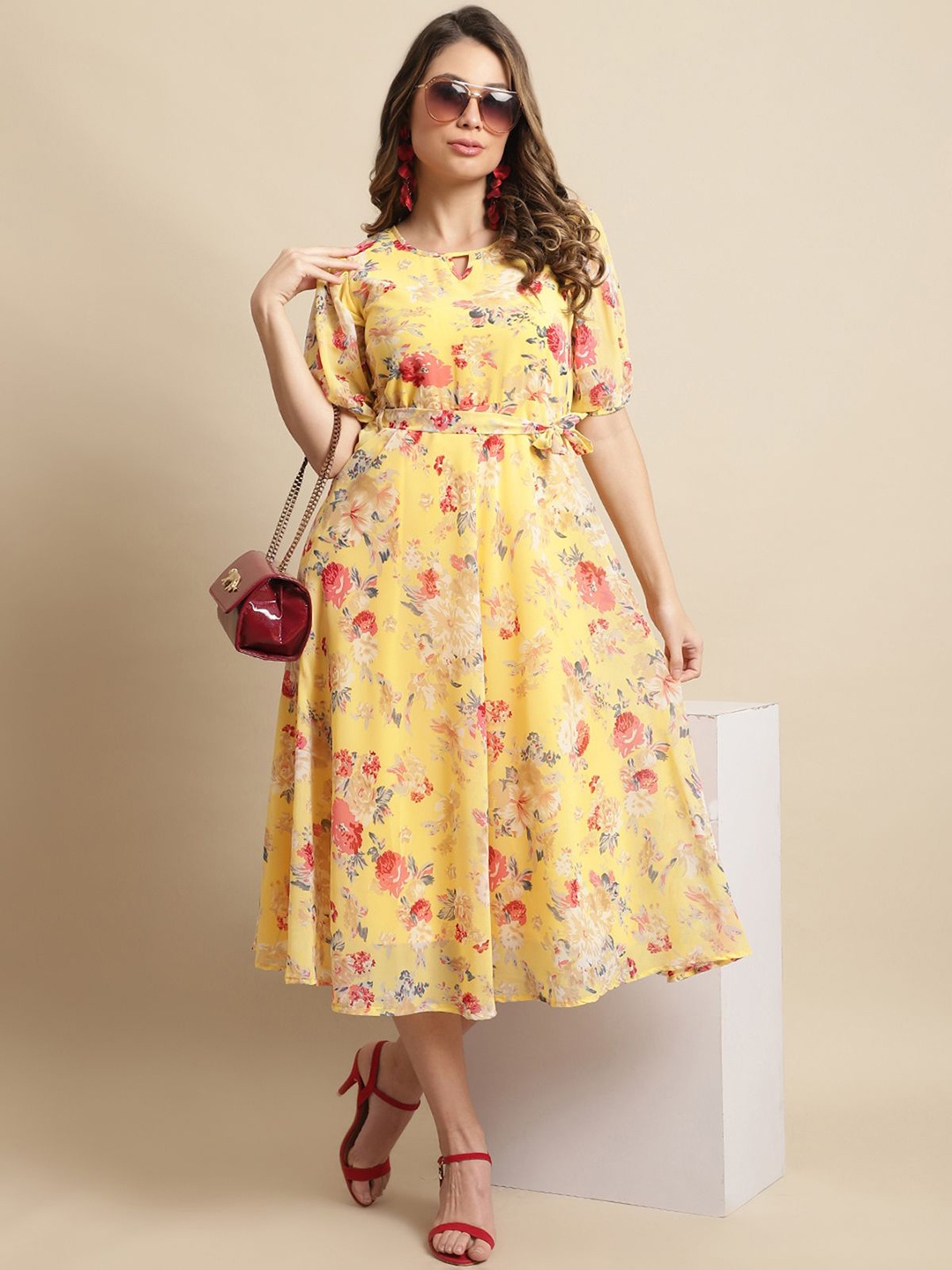 

Metronaut Women Floral Printed Georgette Fit & Flare Midi Dress, Yellow
