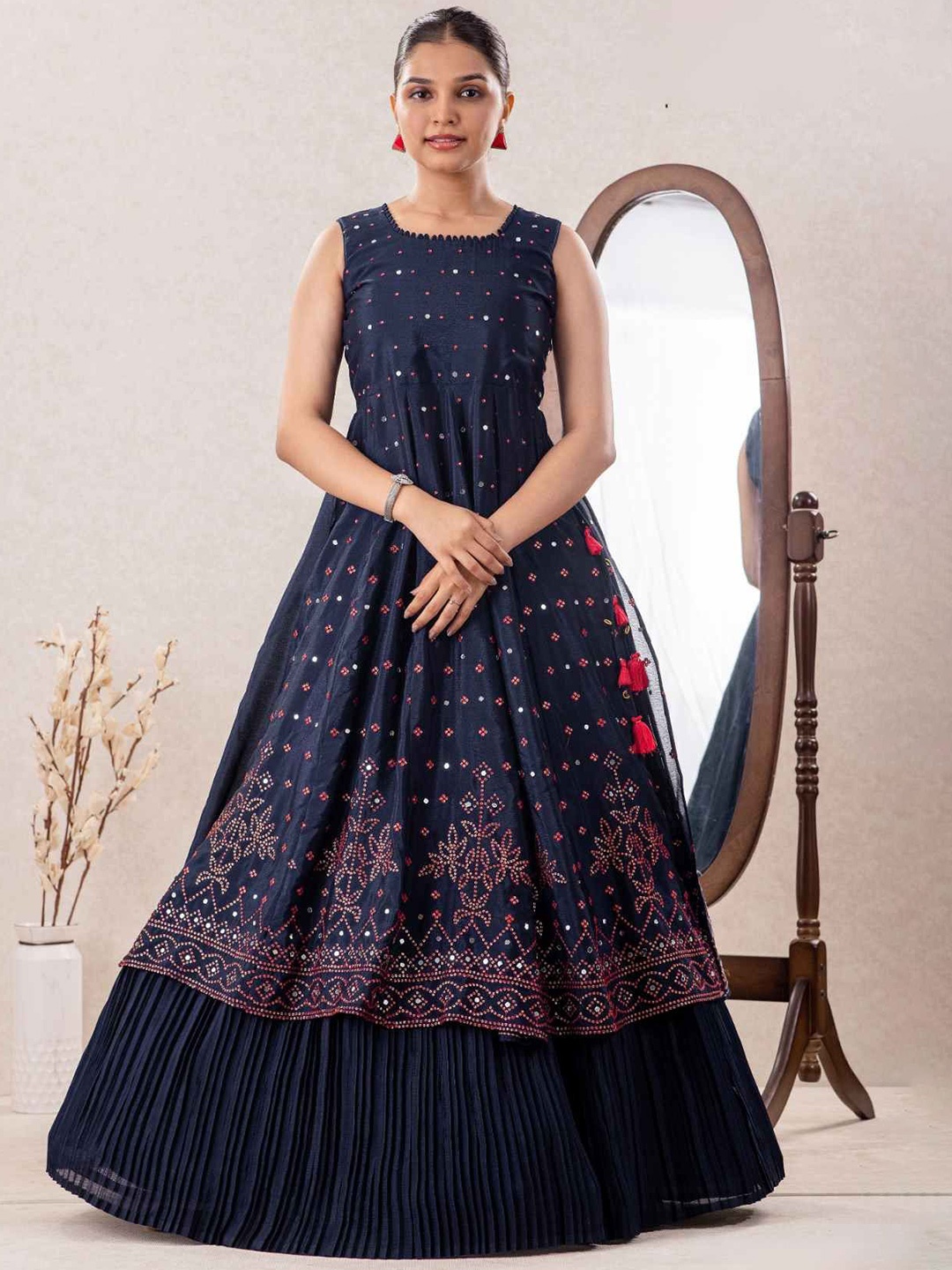 

Lagorii Girls Printed Mirror Work Ready to Wear Lehenga & Choli, Navy blue