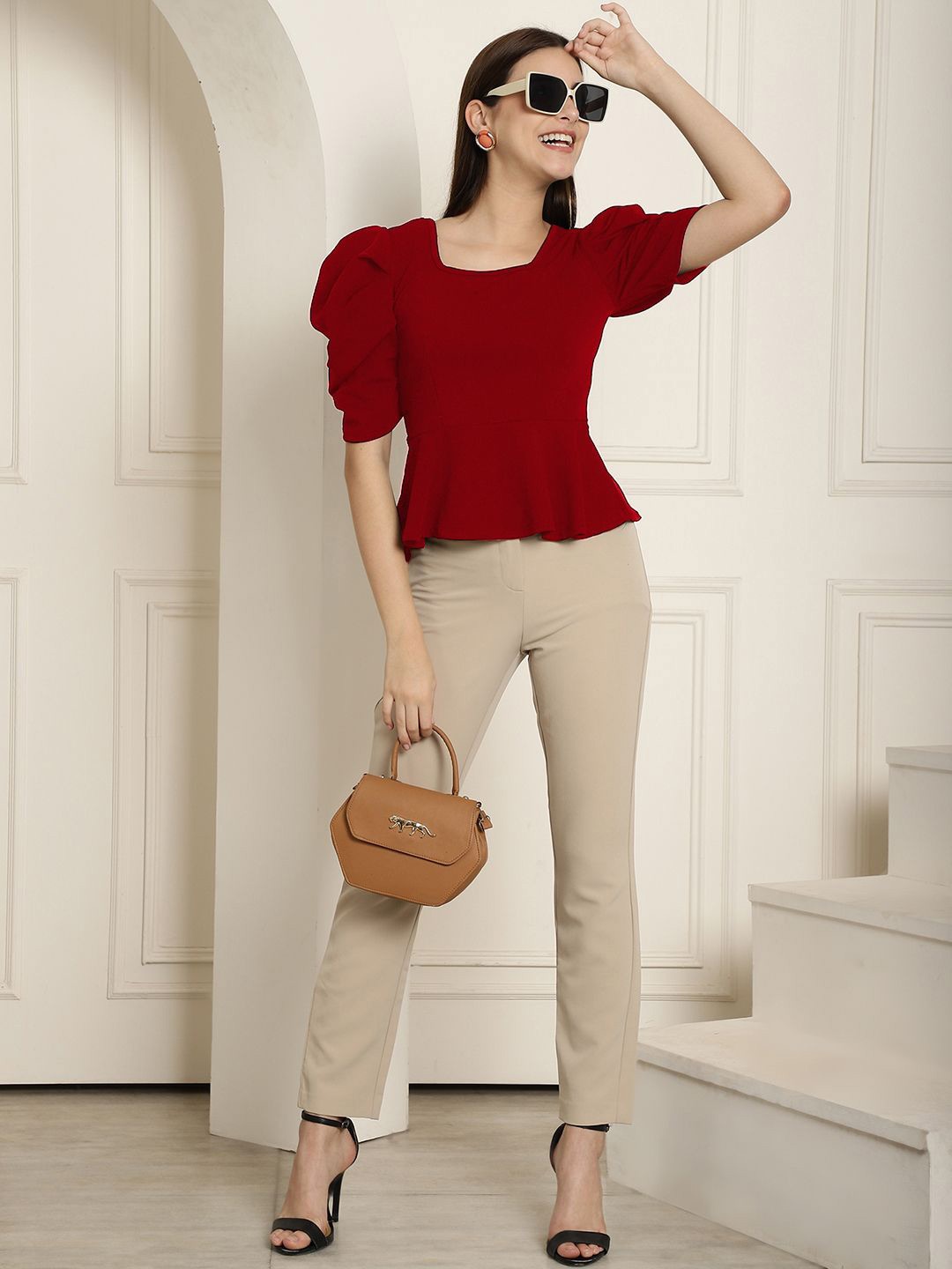 

Tromko Women Solid Square Neck Peplum Top, Maroon