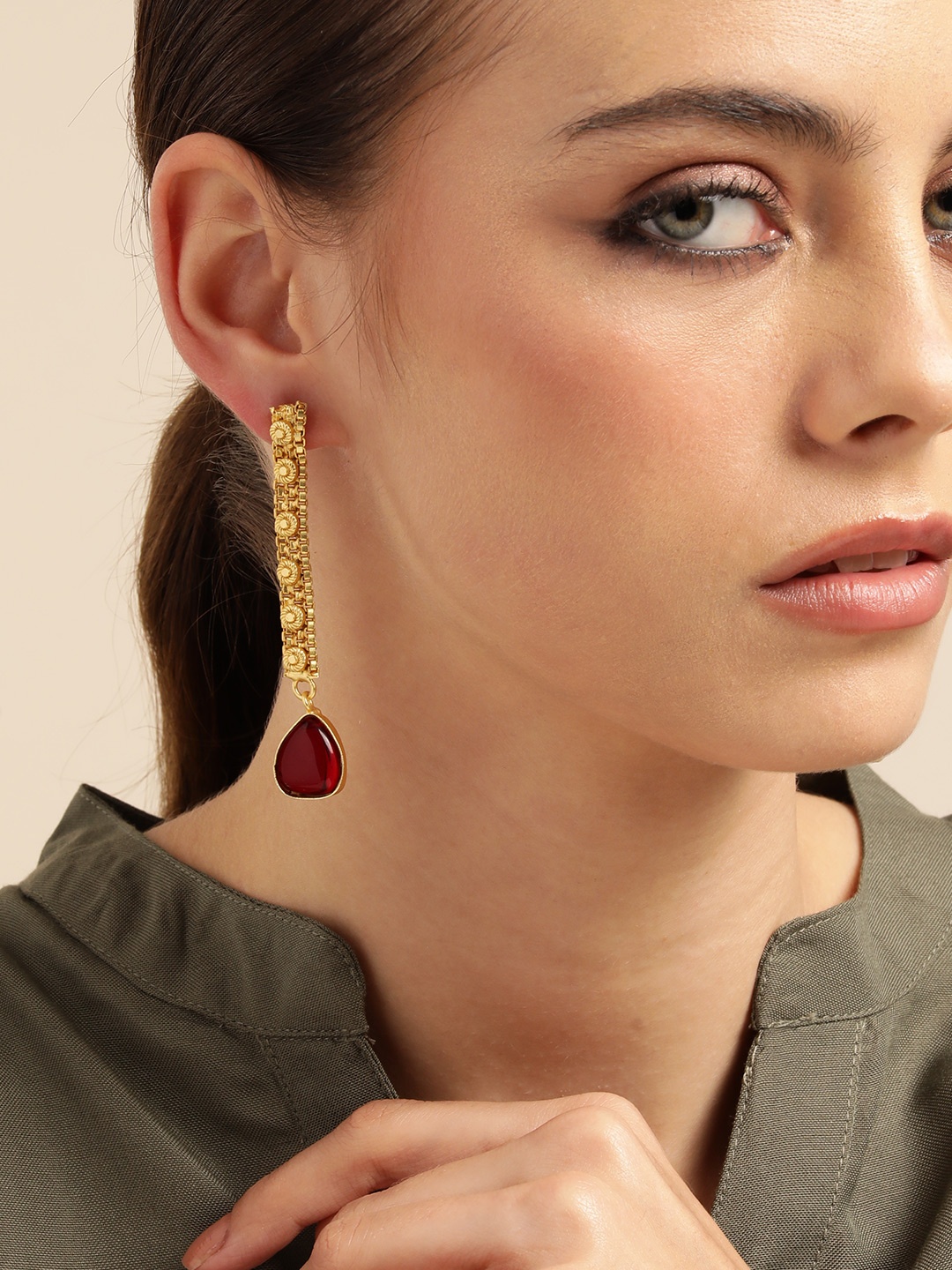 

Anouk Gold Plated Beaded Classic Drop Earrings, Maroon