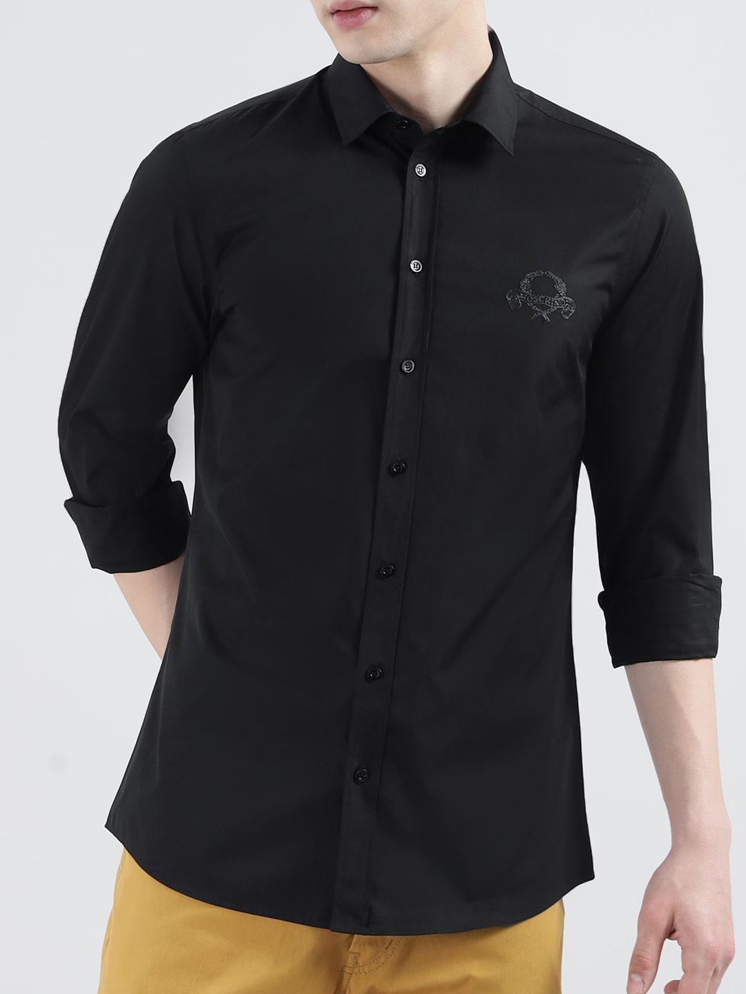 

MOSCHINO COUTURE Men Spread Collar Solid Cotton Casual Shirt, Black