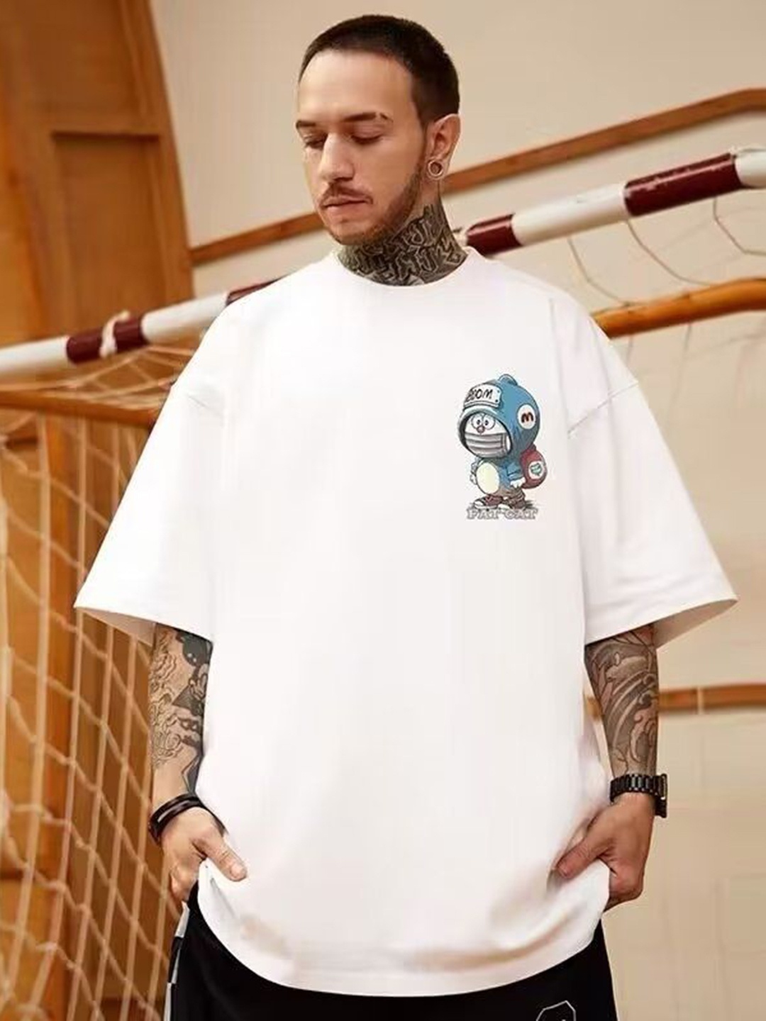 

HERE&NOW Men Doraemon Graphic Printed Round Neck Cotton Oversized T-shirt, White