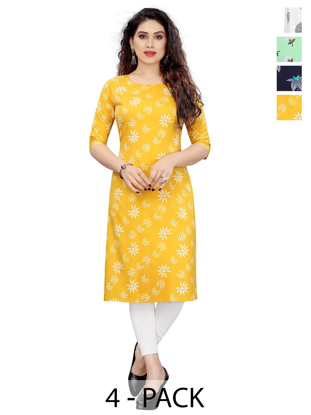 

KETAKI FASHION Selection Of 4 Floral Printed Round Neck Straight Kurtas, Yellow