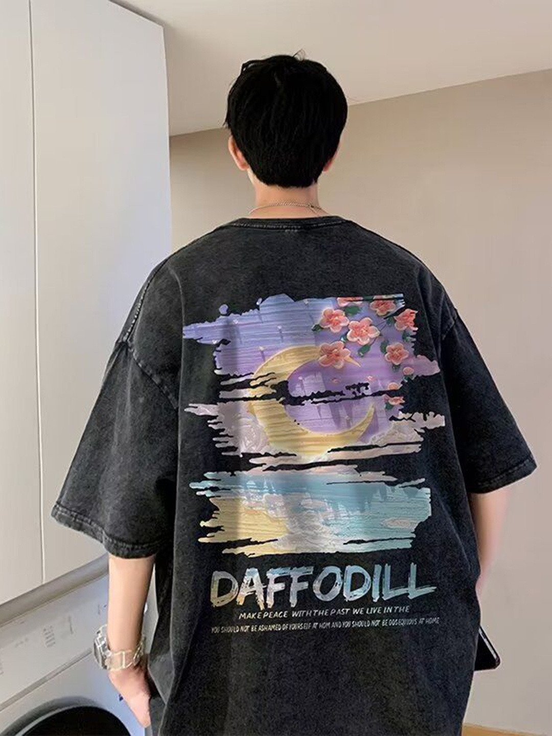 

HERE&NOW Men Graphic Printed Round Neck Cotton Oversized T-shirt, Black