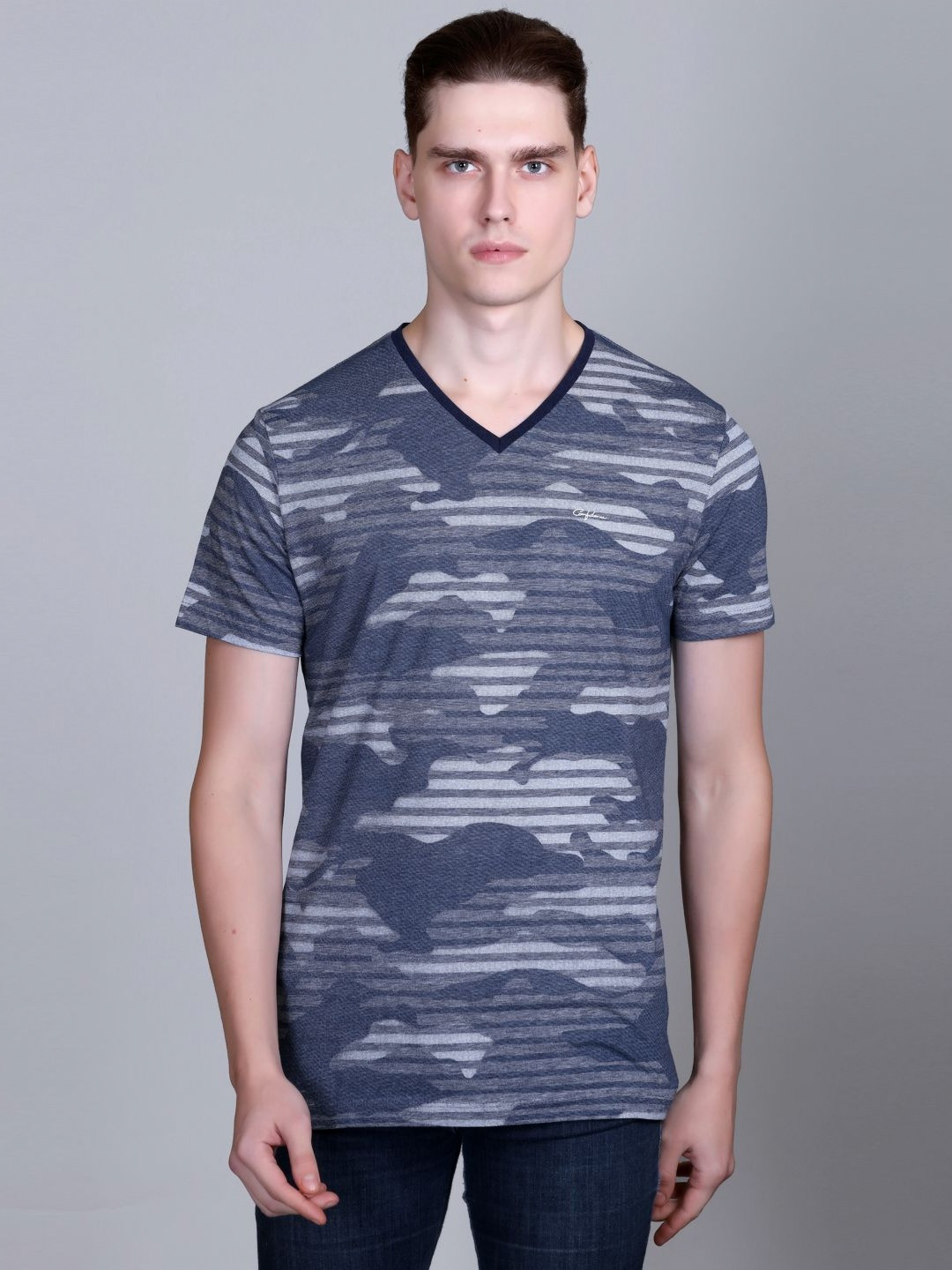 

CONFIDENCE Men Striped V-Neck Cotton Slim Fit T-shirt, Blue