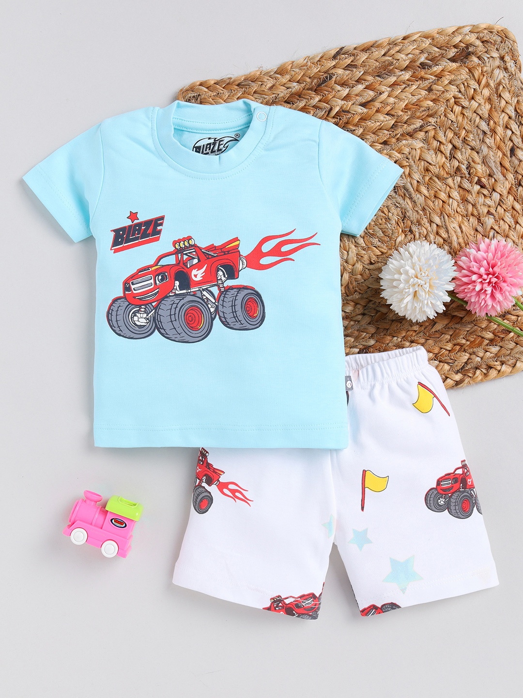 

YK X Tinyo Boys Pure Cotton Printed T-Shirt with Shorts, Blue